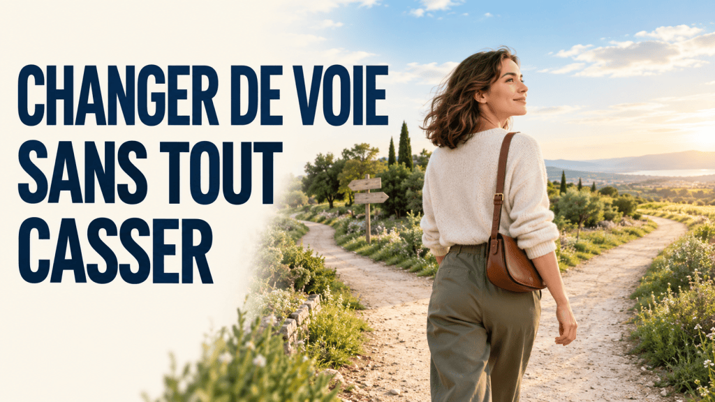 Femme qui marche sur un chemin de campagne devant un panneau à deux directions, au lever du soleil